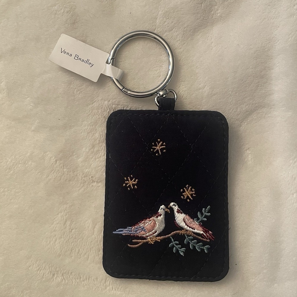 Vera Bradley WINTER FOREST Card Case Bag Charm- Embroidered Birds Navy Blue